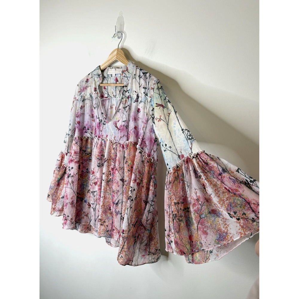 Anthropologie Kavita Bhartia Floral Tunic Top Flare Sleeve Butterfly Whimsical S